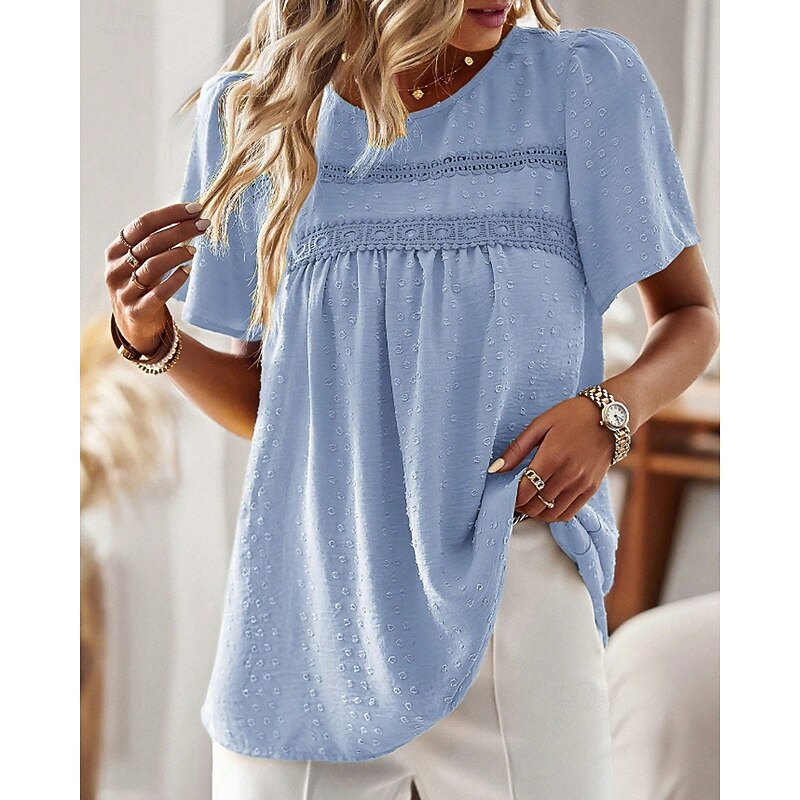 Women's Blouse Polka Dot Modern Casual Short Sleeve Crew Neck Regular Tops Daily Holiday Going out Patchwork White Pink Light Blue Summer2