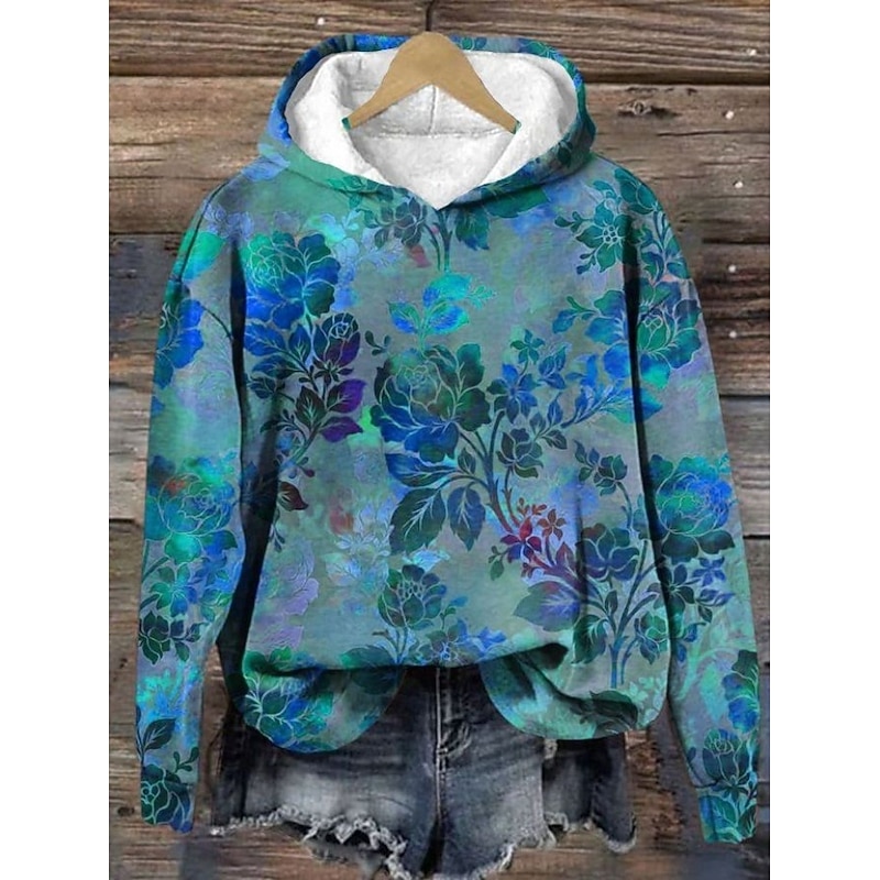 Women's Hoodie Pullover Sweatshirt Oversized Long Sleeve Casual Graphic Floral Warm Vintage Hooded Regular Tops Street Dailywear Print Red Blue Green Spring Fall Winter2