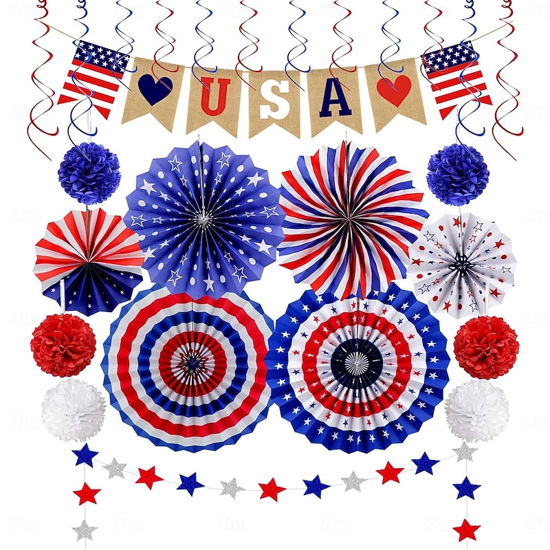 26Pcs Patriotic Decorations 4th of July Decorations LOVE USA Banner Red White Blue Paper Fans Star Streamer Pom Poms Hanging Swirls for Veterans Labor Presidents Flag Memorial Day