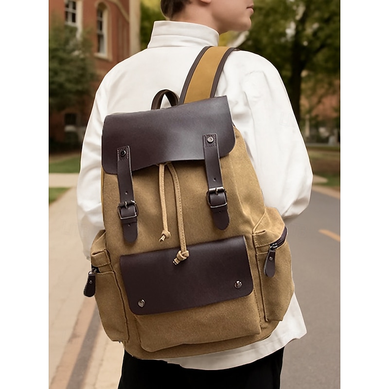 Men's Water-Repellent Canvas Backpack with Leather Accents – Vintage School Rucksack for College, Travel and Daily Commute3