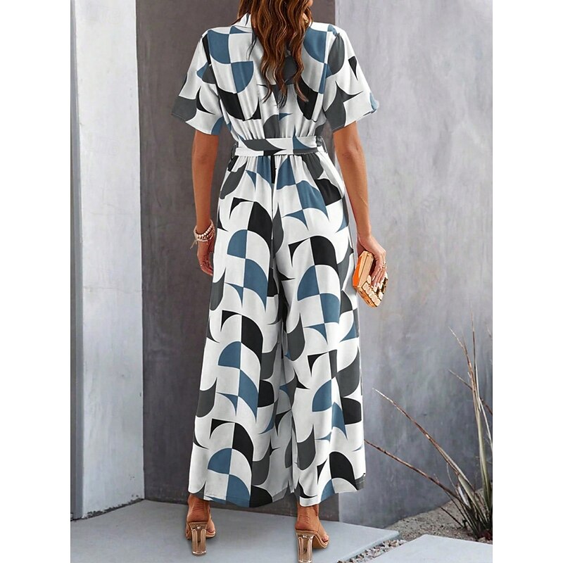 Women's Normal Jumpsuit Active Geometric Short Sleeve Wide Leg Shirt Collar Lace up High Waist Vacation Daily Regular Fit Black Red Green Summer2