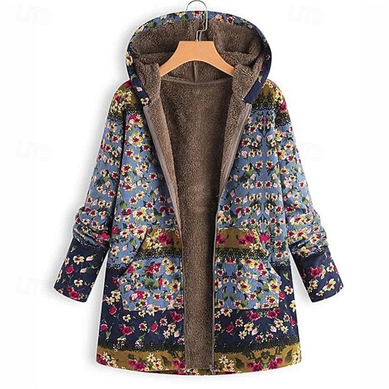 Women's Fleece Jacket Coat Hoodie Jacket Warm Comfortable Zipper Pocket Fashion Modern Casual Floral Going out Weekend Zipper Regular Hooded Regular Fit Long Sleeve Outerwear Blue Green Winter