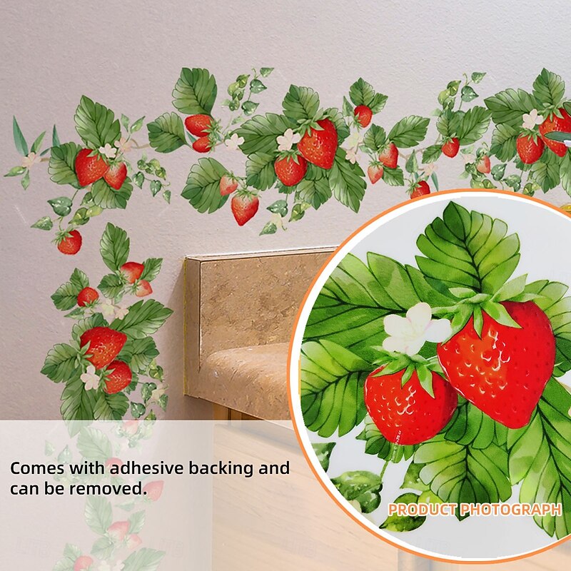Fresh Strawberry and Floral Vine Wall Sticker, Self-Adhesive Decorative Wall Decal for Living Room, Kitchen, and Bedroom Background Decoration3