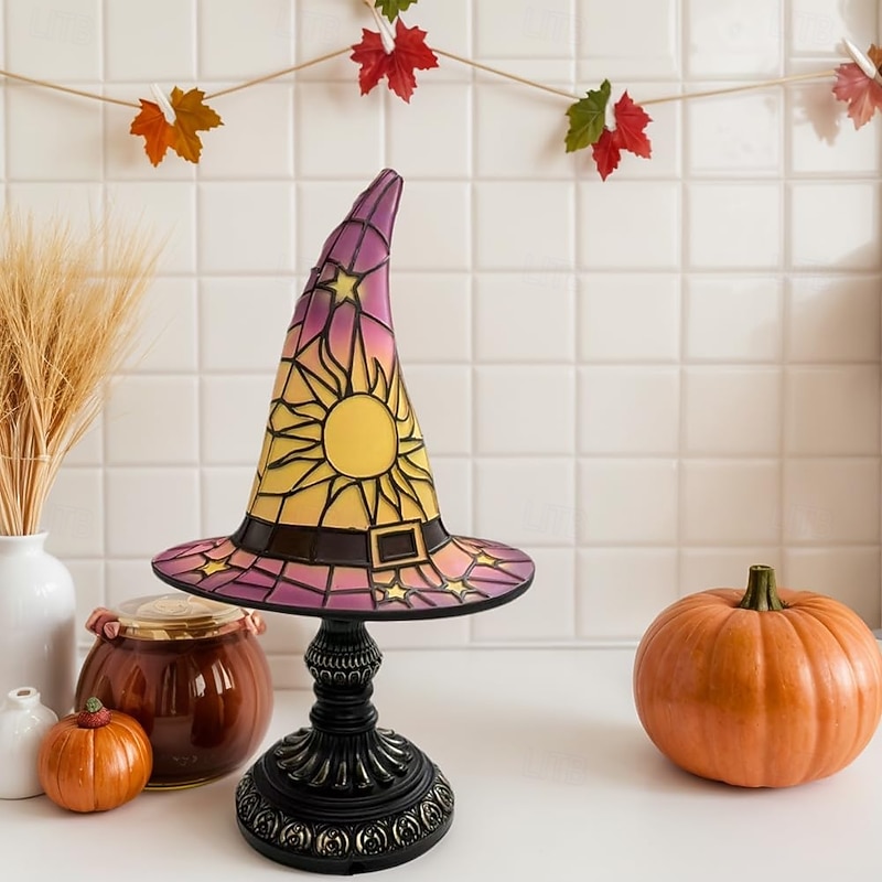 1 Pc Retro Resin Witch Hat Light Unique Indoor Bedside Table Bedroom Night Light Halloween Festival Atmosphere Decorative Light USB Plug in4