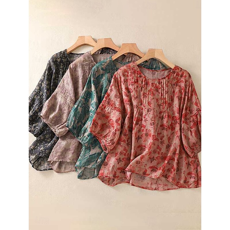 Women's Cotton Linen Shirts Floral Casual 3/4 Length Sleeve Crew Neck Regular Tops Daily Print Black Red Purple Green Summer2