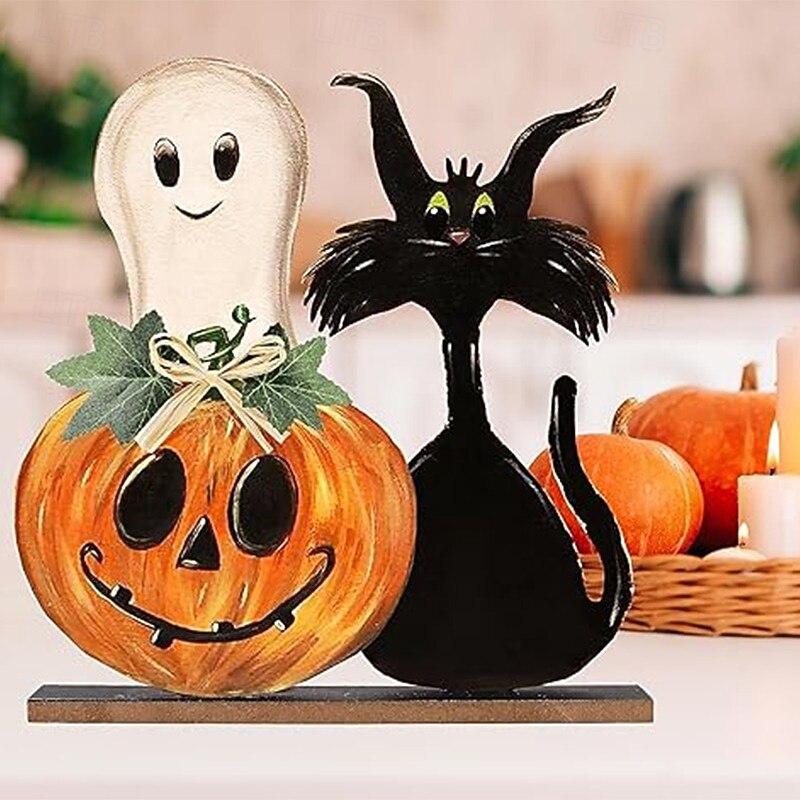 Halloween Wooden Table Signs Decorations, Rustic Pumpkin and Ghost Tiered Tray Decor, Indoor Halloween Wooden Signs for Farmhouse Living Room Tabletop Display