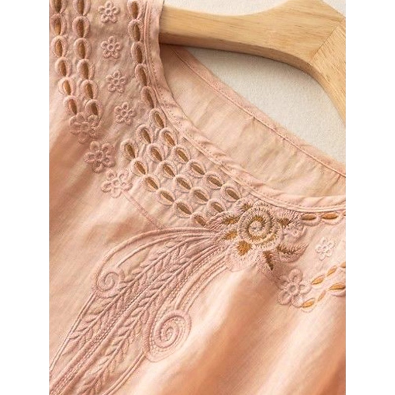 Women's Shirt Cotton Linen Shirts Blouse Solid Color Basic Casual 3/4 Length Sleeve Crew Neck Regular Tops Daily Lace Patchwork Black Yellow Pink Green Summer4