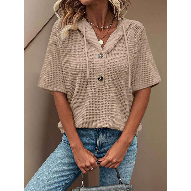 Women's Blouse Solid Color Stylish Casual Short Sleeve Hooded Regular Tops Daily Buttons White Navy Blue Green Khaki Summer Spring2