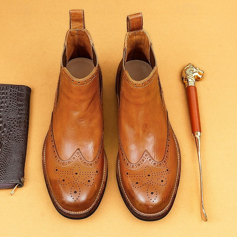 Men's Brown Leather Chelsea Boots with Brogue Detailing and Goodyear Welt - Fashionable Ankle Boots for Casual and Semi-Formal Occasions2