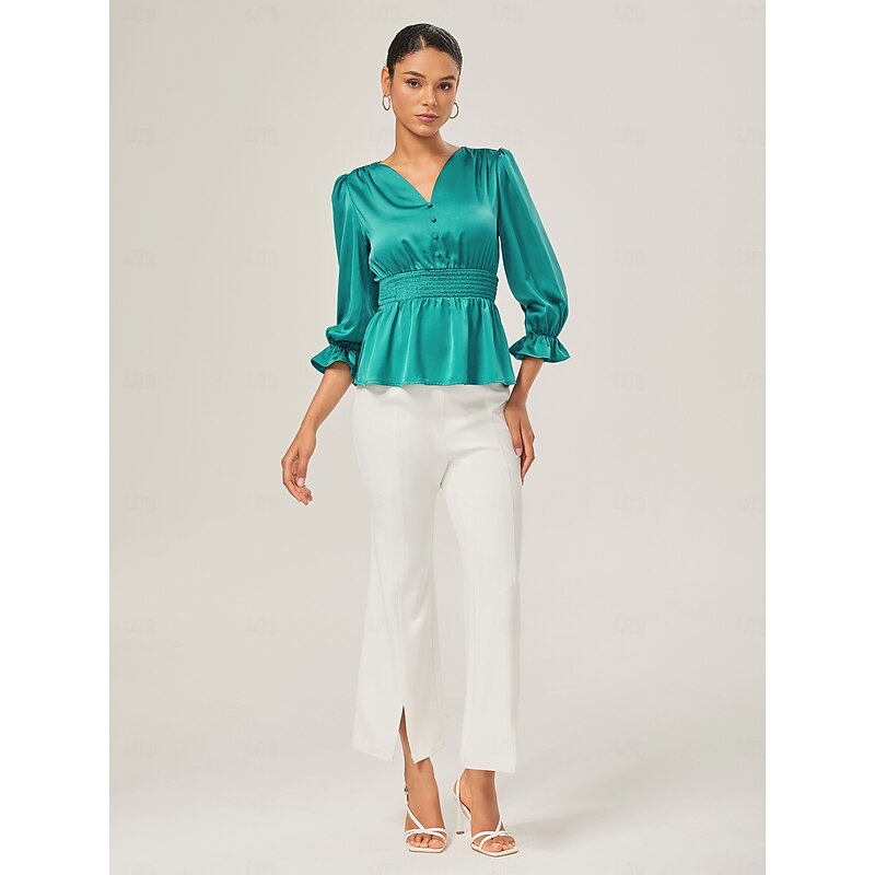 Elegant Lake Green Satin Cinched Blouse2