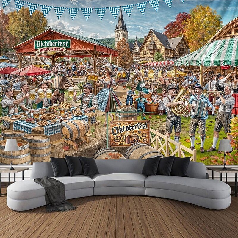 Oktoberfest German Bavarian Hanging Tapestry Pretzel Beer Wall Art Large Tapestry Mural Decor Photograph Backdrop Festival Party
