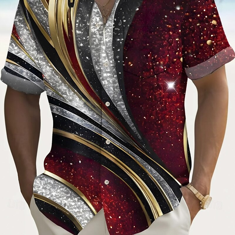 Men's Geometric Glitter Shine Line Shirt Summer Shirt Button Up Shirt Short Sleeve Fashion Casual Outdoor Vacation Dailywear Summer Spring Turndown 3D Print Collared Shirts Front One Pocket Wine3