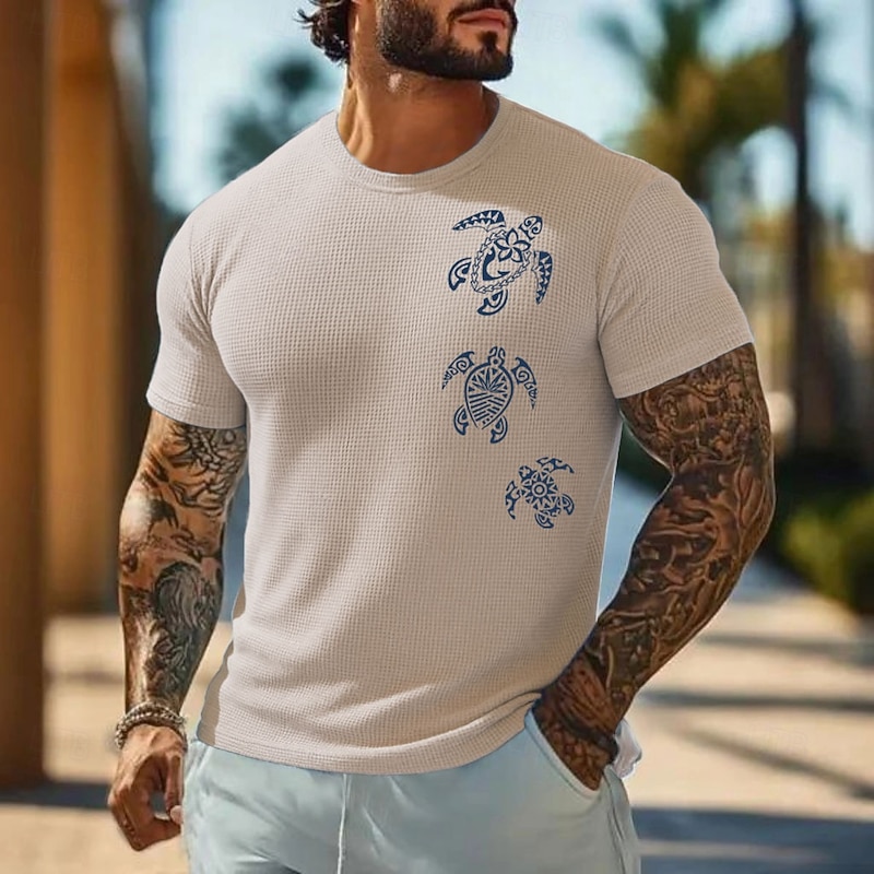 Men's Turtle Maori Waffle Shirt Short Sleeve T shirt 3D Print Crew Neck Shirt Vacation Tropical Daily Vacation Casual Daily Light Blue Light Green Pink Summer Spring Clothing Apparel S M L XL XXL XXXL3