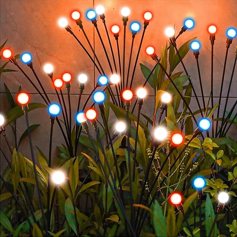 2 Pcs 12 Heads Outdoor Solar Firefly Lights Waterproof Red,  Independence Day White, Blue  July 4thCourtyard Garden Lawn Path Party Patriotic Atmosphere Decorative Light2