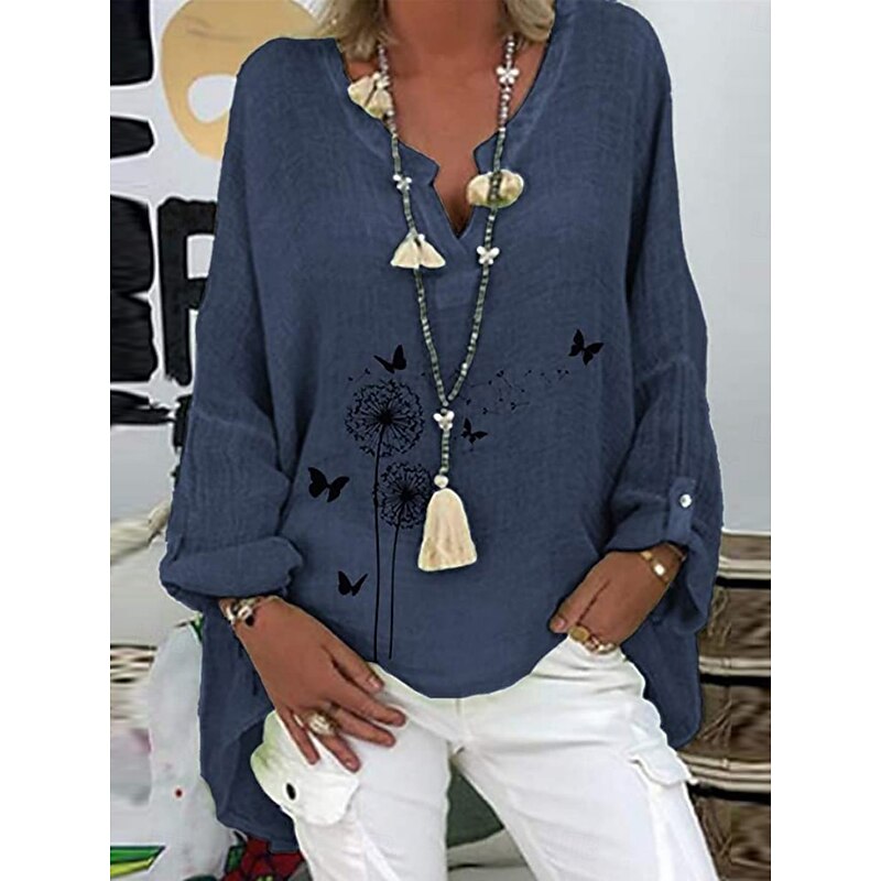 Women's Cotton Linen Shirts Floral Basic Casual Long Sleeve Shirt Collar Regular Tops Daily Print White Pink Navy Blue Purple Summer Fall2