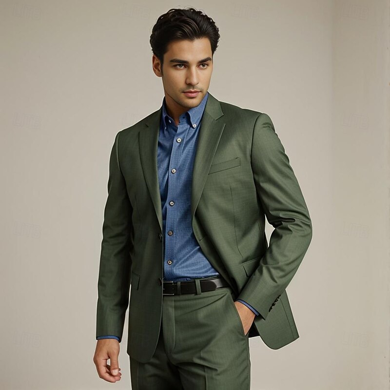 Men's Business Suits Notch Lapel Army Green Fashion Formal Solid Colored Standard Fit 2 Piece Single Breasted Two-buttons2