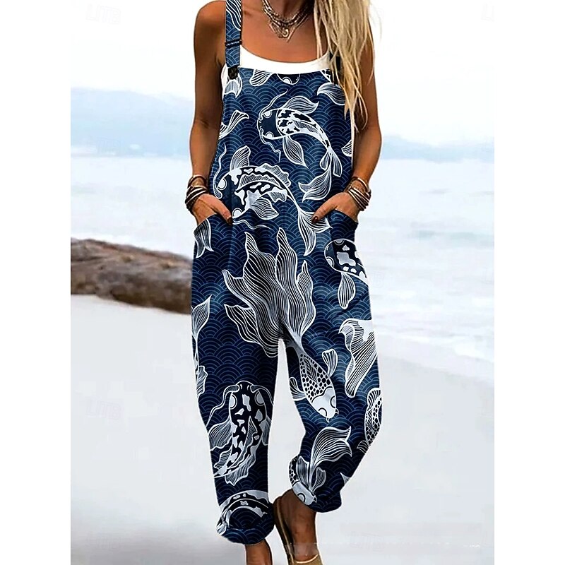 Women's Dungarees Active Floral Sleeveless Drawstring with Pocket Vacation Street Loose Fit Navy Blue Royal Blue Khaki Summer3