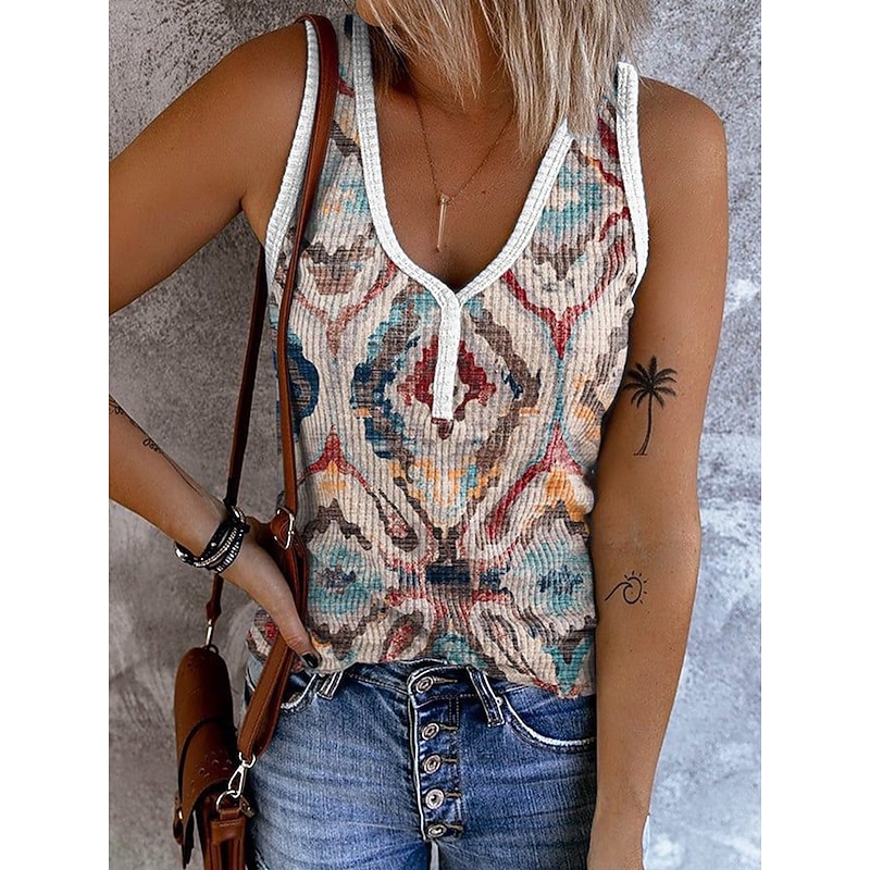 Women's Camisole Tank Top Graphic Geometric Bohemia Vintage Stylish Sleeveless Sleeveless V Neck Crop Tops Daily Print Blue Brown Khaki Summer Spring2