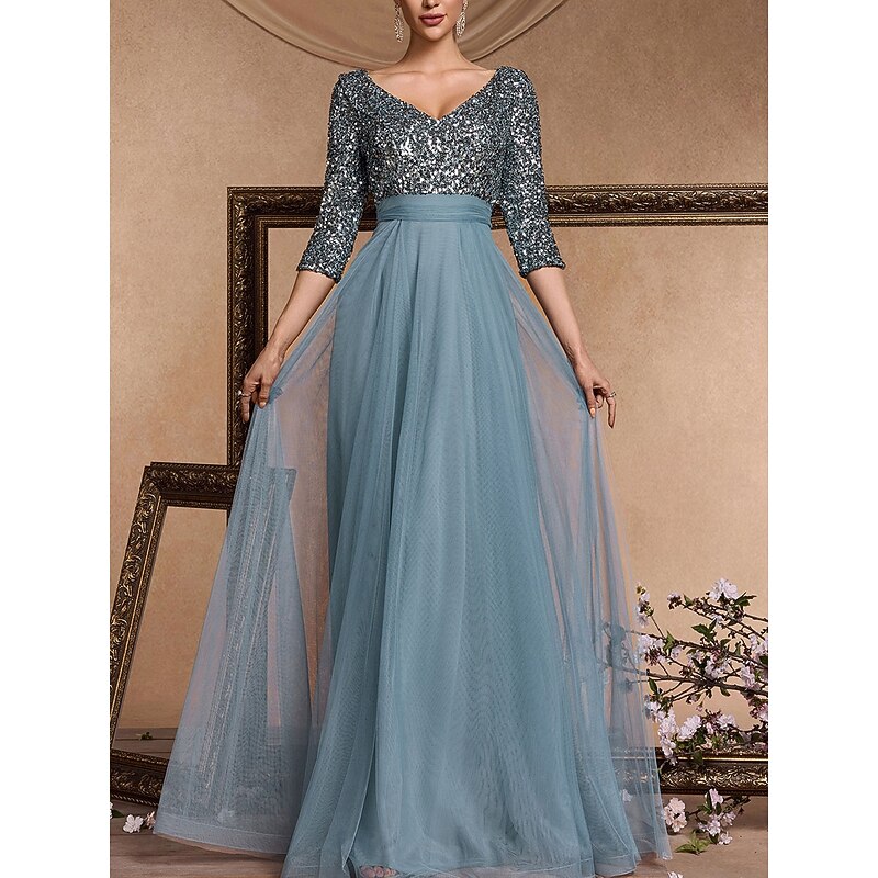 A-Line Evening Gown Elegant Dress Formal Wedding Floor Length 3/4 Length Sleeve V Neck Sequined with Sequin