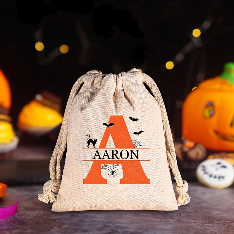 Personalized Halloween Treat Bag for Kids Custom Initial & Name Candy Tote Bag Basket for Trick or Treat, Durable Canvas Gift Sack for Candy & Small Toys2