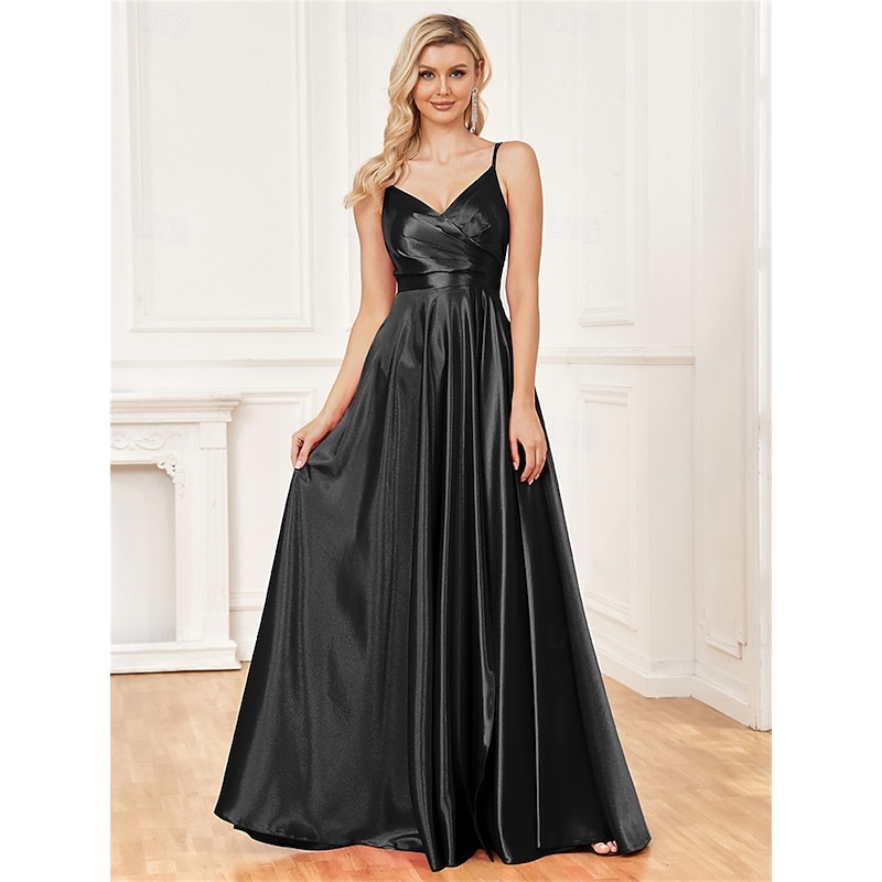 A-Line Quinceanera Dresses Elegant Dress Formal Wedding Floor Length Sleeveless Spaghetti Strap Satin with Pleats Slit