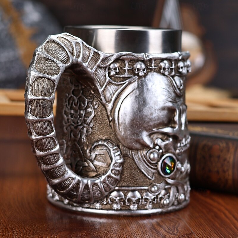 Halloween Skull Mug Creative Retro Ram Horn Skull Beer Stein 3D Raised Resin & Stainless Steel, Fun Embossed Drinkware for Beer Lovers & Party Decor4