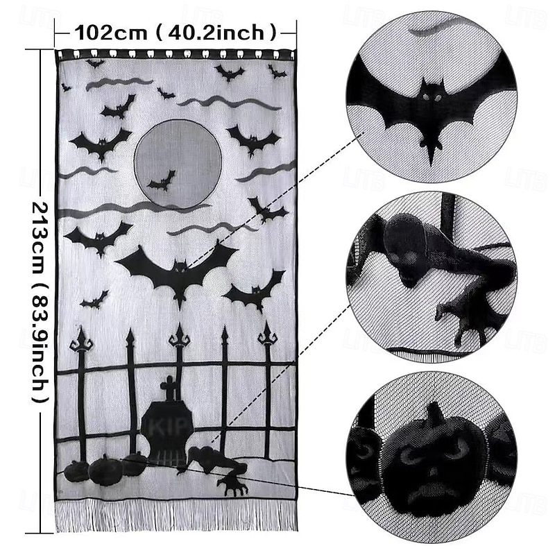 Happy Halloween Lace Window Curtain Door Panel Bats Spider Web Design Halloween Party Decoration4