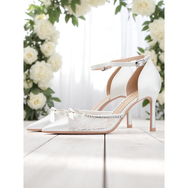Women's White Satin Lace High Heels, Pointed-Toe Wedding Pumps with Rhinestones and Bow, Elegant Bridal Shoes for Formal Ceremony3