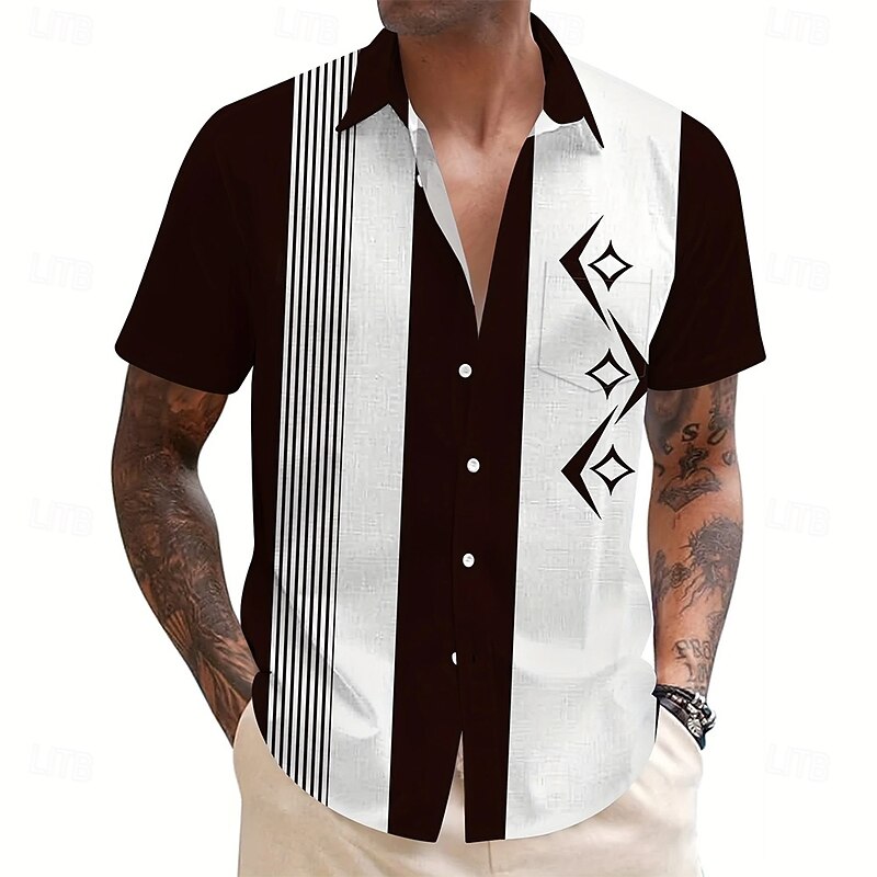 Men's Geometric Striped Color-blocking Shirt Summer Shirt Button Up Shirt Short Sleeve Fashion Casual Outdoor Vacation Dailywear Summer Spring Turndown 3D Print Collared Shirts Front One Pocket Black2