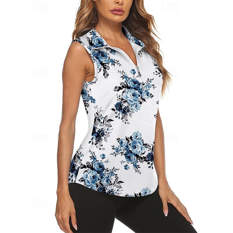 Women's Graphic Floral Botanical Sport Shirt Golf Polo Shirt Tennis Shirt Sleeveless Zipper High Elasticity Moisture Wicking Breathable Tennis Golf Pickleball Turndown Zip Collar Shirt Top Blue