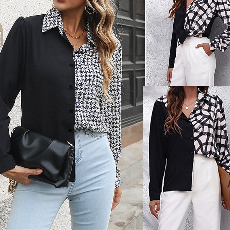 Women's Shirt Plaid Daily Stylish Basic Long Sleeve Shirt Collar Regular Tops Work Daily Holiday Buttons Black Gray Spring Fall