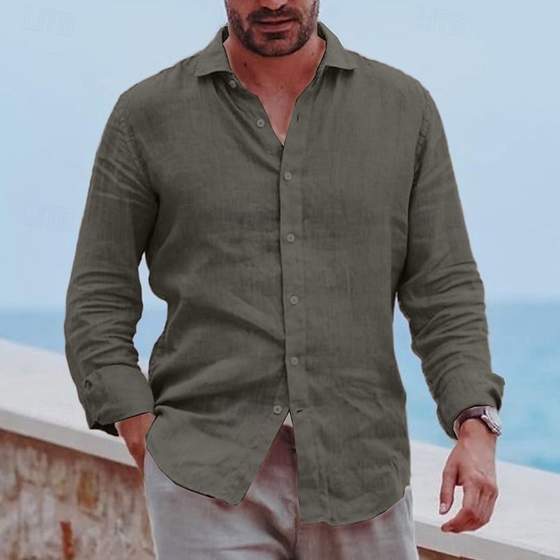 Men's Shirt Linen Shirt Summer Shirt Beach Wear Button Up Shirt Plain Vacation Daily Black White Blue Gray Long Sleeve Turndown Spring & Summer Clothing Apparel4