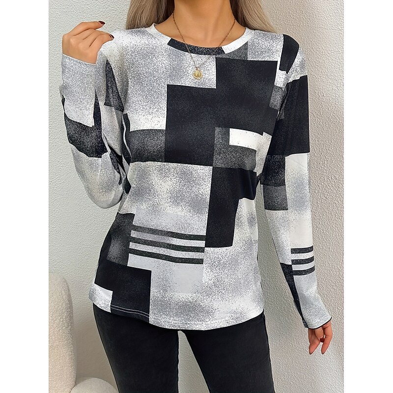 Women's T shirt Crew Neck Long Sleeve Tunic Graphic Geometric Vintage Stylish Classic  Round Neck Regular Tops Daily Print Black and White Fall