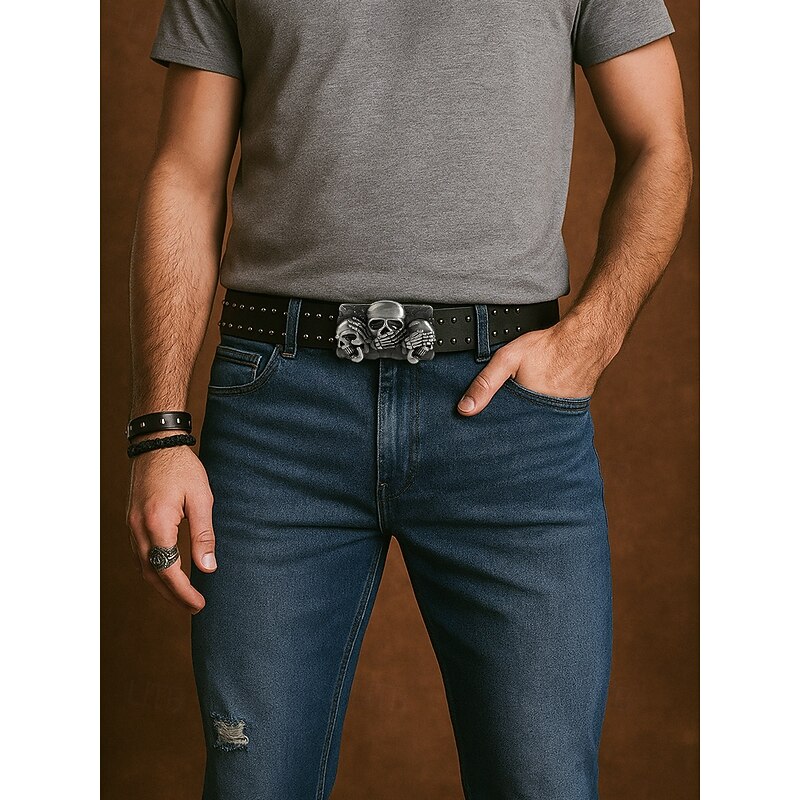 Men's Skull Studded Leather Belt with Skeleton and Crossbones Design, Vintage Gothic Style for Halloween Parties, Punk Fashion and Casual Wear2