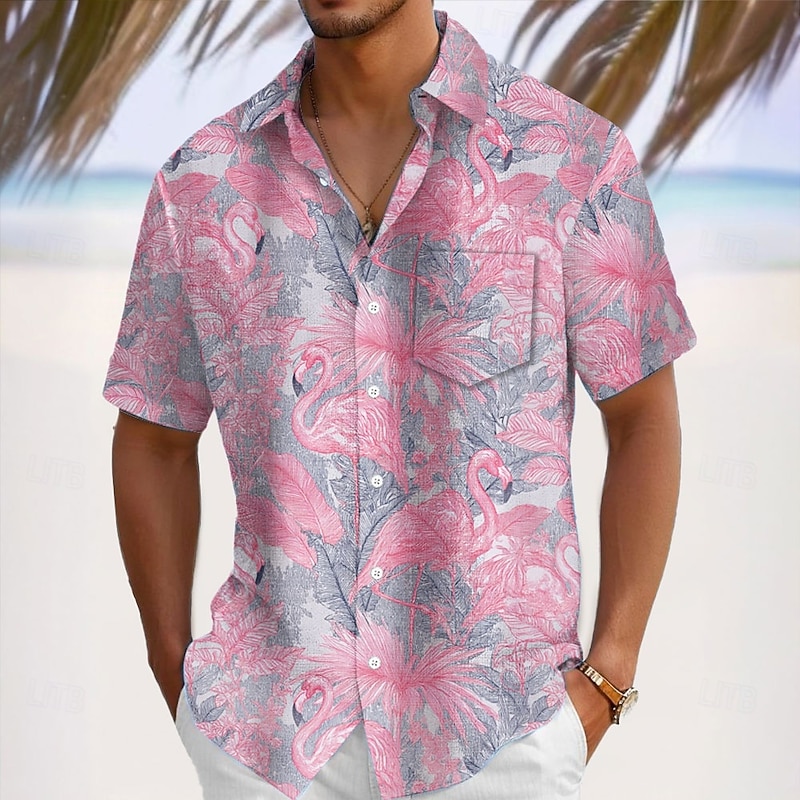 Men's Flamingo Bird Tropical Plants Summer Hawaiian Shirt Button Up Shirt Aloha Shirt Short Sleeve Shirt Turndown Hawaiian Vacation Holiday Beach Wear Light Pink Pink S M L4