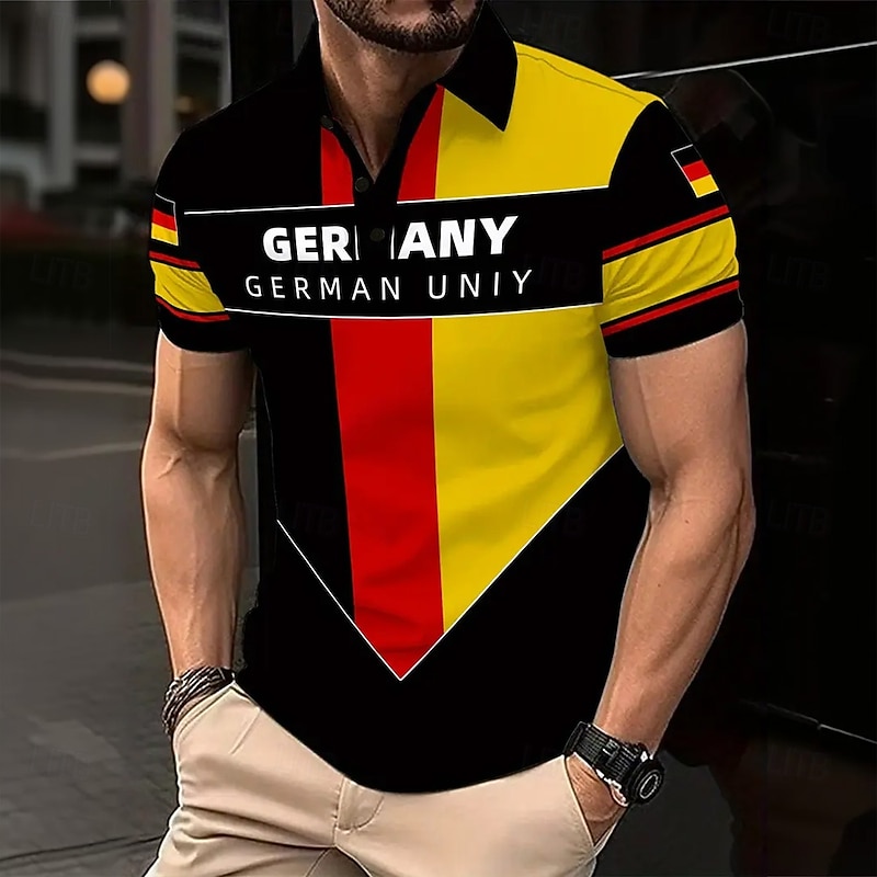 Men's German Flag Polo Short Sleeve Polo Shirts Turndown Casual Daily Athleisure Buttons Summer Black