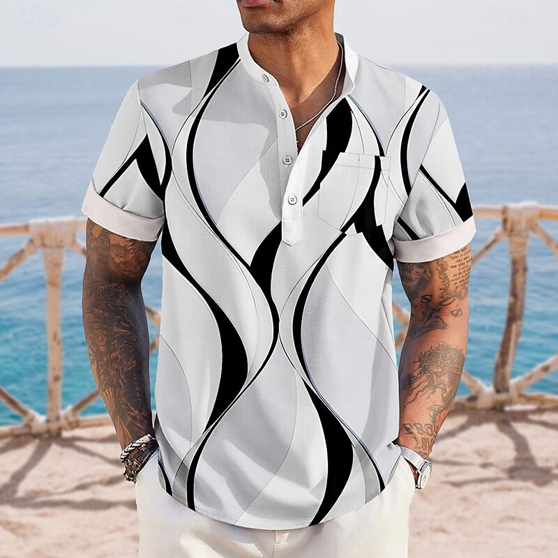 Men's Geometric Waves Shirt Henley Shirt Stand Collar Shirt Short Sleeve Casual Vacation Daily Summer Spring Mandarin Collar Band Collar Buttons Front One Pocket Linen Like Shirt Blue Khaki Gray