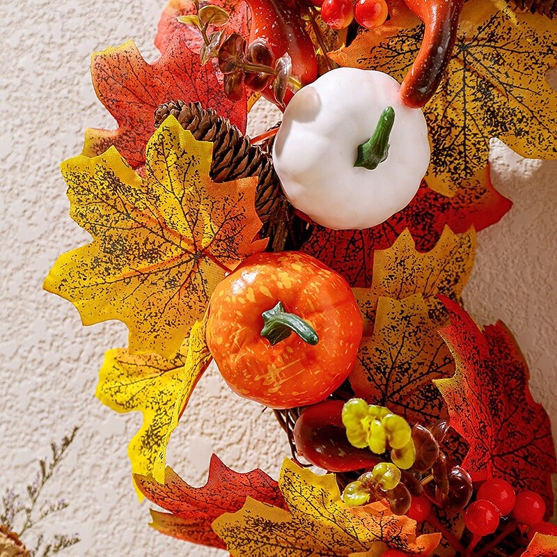 Fall Wreath for Front Door Thanksgiving Autumn Harvest Indoor Outdoor Decoration, Artificial White Pumpkin and Maple Leaf Wreath Window and Door Hanging Decor4