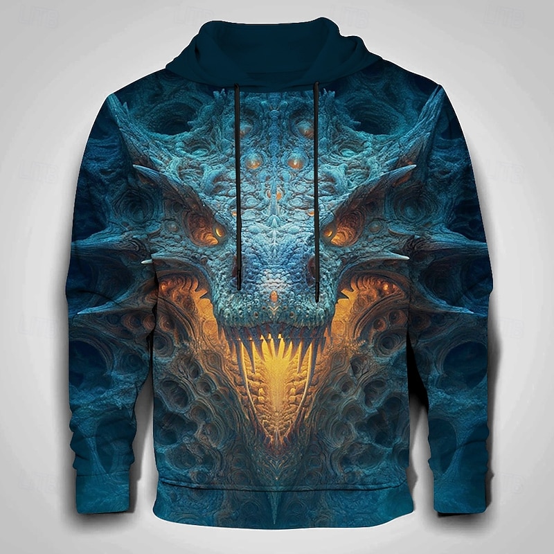 Men's Dragon 3D Hoodies Sweatshirt Cool Party Long Sleeve Crew Neck Club Streetwear Black Blue Drawstring Fall Winter Designer2