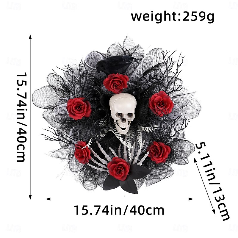 Halloween Wreaths for Front Door Indoor Outdoor Decoration, Rose Skull Mesh Wreath Hanging for Spooky Bar and Party Skeleton Decor3