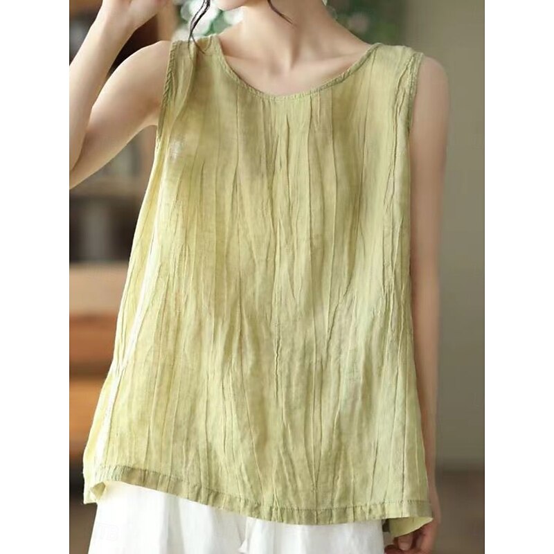 Women's Cotton Linen Shirts Camp Collar Shirt Solid Color Basic Casual Sleeveless V Neck Regular Tops Daily Black White Pink Green Gray Summer