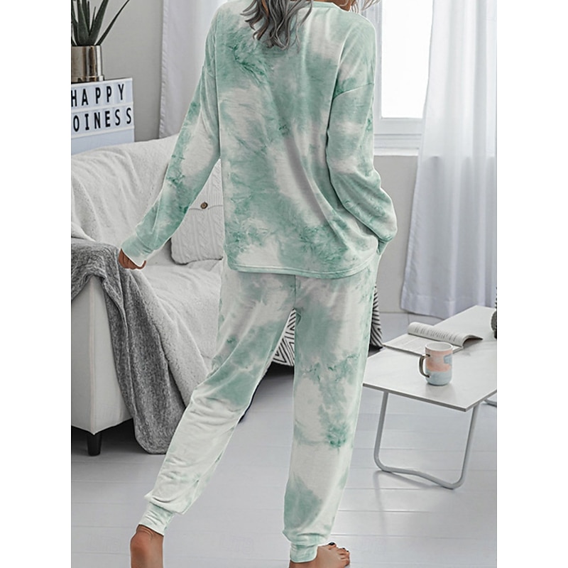 Women's Pajama Set Casual Comfort Tie Dye Elastic Waist T Shirt Pant Home Daily Long Sleeve Crew Neck Pink Blue Green Rainbow Gray Summer Spring Fall Regular Fit4