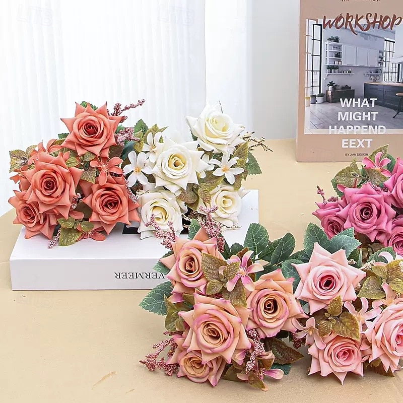 7-Head Artificial Rose Hairpin Bouquet, Silk Fake Flowers for Home Decor, Weddings, Celebrations, Photography, and Handheld Floral Arrangements3