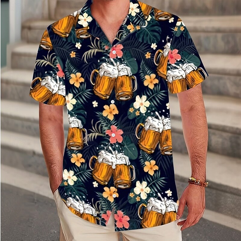 Men's Oktoberfest Beer Tropical Flowers Shirt Cuban Collar Shirt Button Up Shirt Short Sleeve Hawaiian Vacation Holiday Beach Wear Summer Spring Camp Collar Shirt 3D Print Dark Blue