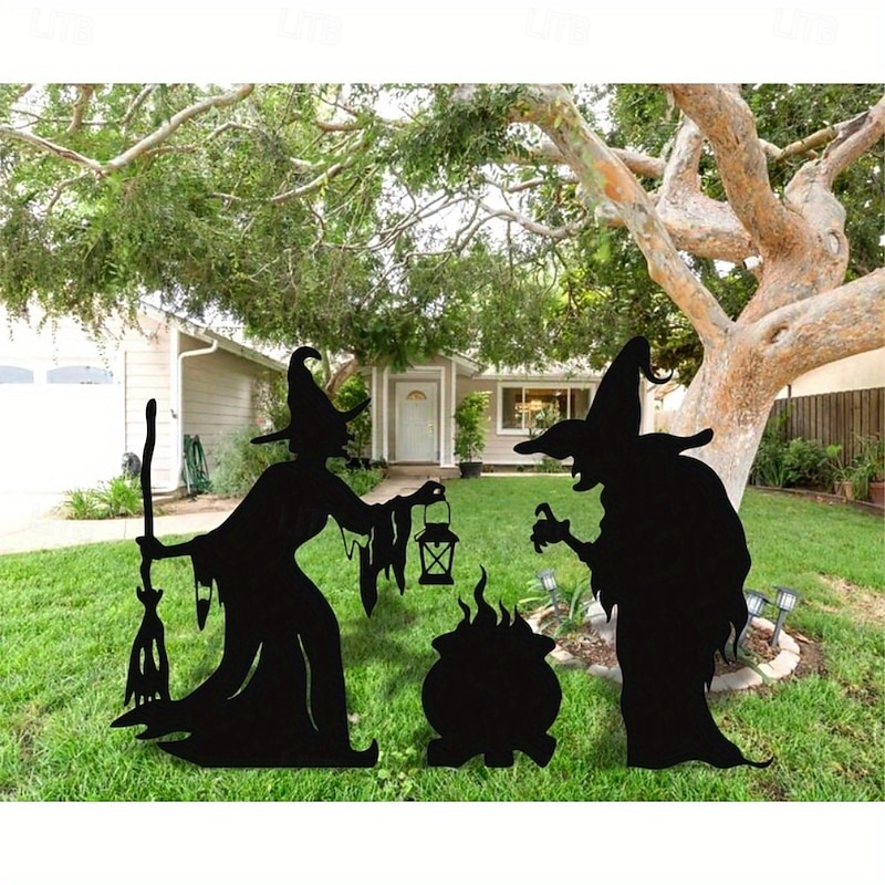 Festive Halloween Witches Metal Yard Art 3 Spooky Witches for Outdoor Decor - Battery-Free Landscaping Stakes Metal Garden Decoration