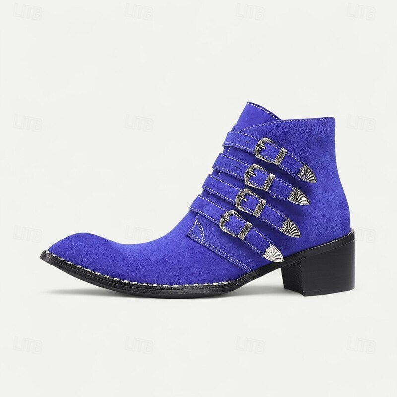 Men's Blue Genuine Cowhide Leather Biker Boots with Buckle Straps – Stylish Retro Boots for Casual, Street Style and Nightlife4