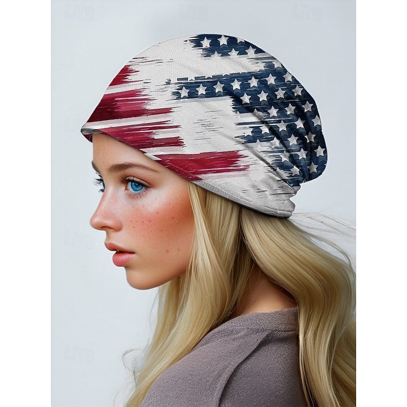 Women's American Flag Printed Toque Hat Neck Gaiter Dual Use - Patriotic style, soft polyester, one size fits most, suitable for daily wear, outdoor activities and Fourth of July celebrations
