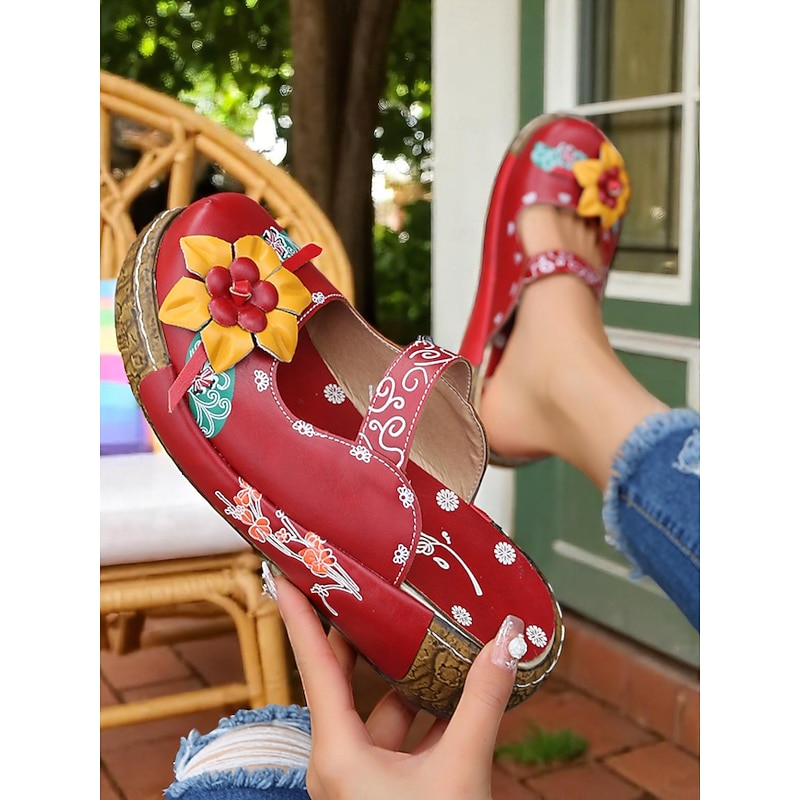Women's Purple Floral Leather Slip-On Clogs with 3D Flower Appliqué – Vintage Bohemian Comfort Shoes for Casual Wear, Gardening, and Travel2