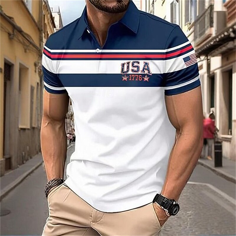 American Independence Day Men's USA Polo Shirts Button Up Polos Golf Shirt Short Sleeve Polo Shirts Lapel Fashion Casual Daily Festival Print Summer Blue