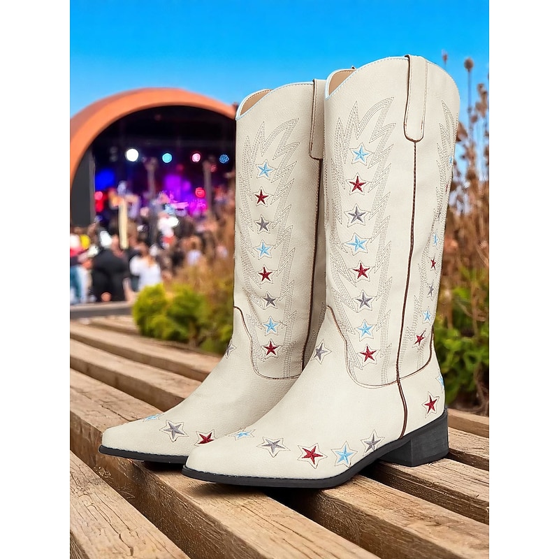 Women's Cream Western Cowboy Boots with Colorful Star Embroidery – Retro Mid-Calf Rodeo Boots for Country Concerts, Festivals, and Americana Outfits4
